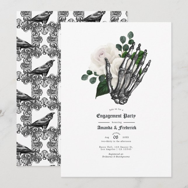 Invitación Boda Gótica Floral Blanca Fiesta de Compromiso (Anverso / Reverso)