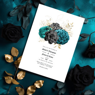 Invitación Boda Gótica Floral en Verde Azul, Negro y Dorado
