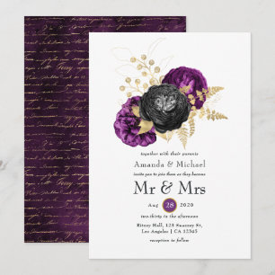 Invitación Boda Gótica Floral Negra, Morada y Dorada