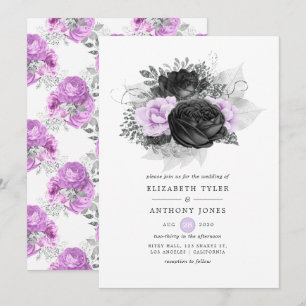 Invitación Boda Gótica Floral Negra, Morada y Plateada