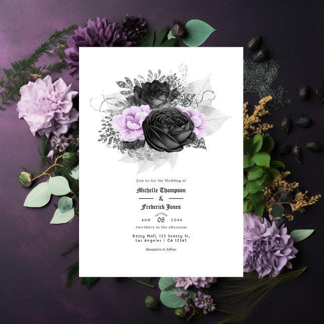 Invitación Boda gótica floral negra, morada y plateada (Subido por el creador)