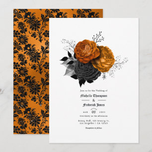 Invitación Boda gótica floral negra y naranja