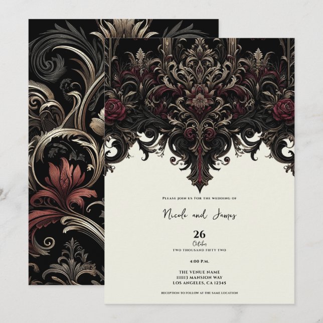 Invitación Boda gótica floral ornamentada elegante (Anverso / Reverso)