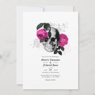 Invitación Boda gótica floral rosa intenso y azul marino