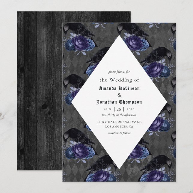Invitación Boda Gótica Floral Rústica Cuervo (Anverso / Reverso)