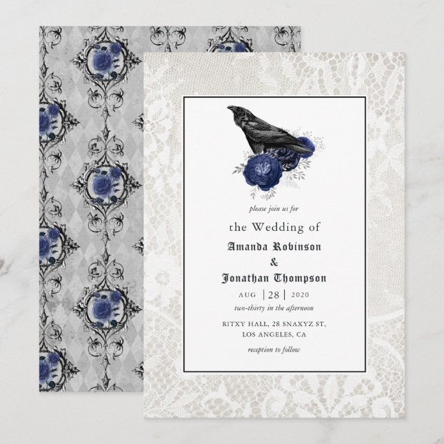 Invitación Boda Gótica Floral y de Encaje (Anverso / Reverso)