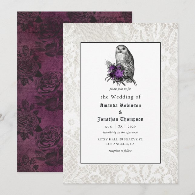 Invitación Boda Gótica Floral y de Encaje (Anverso / Reverso)