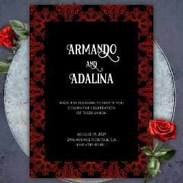 Invitación Boda gótica gótica floral negra y roja elegante