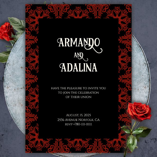 Invitación Boda gótica gótica floral negra y roja elegante (Gothic Red and Black Wedding Invitation)