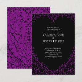 Invitación Boda gótica morada y corazón negro salva la fecha