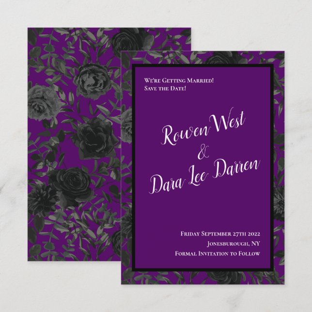 Invitación Boda gótica morada y negra Rosa salva la fecha (Anverso / Reverso)