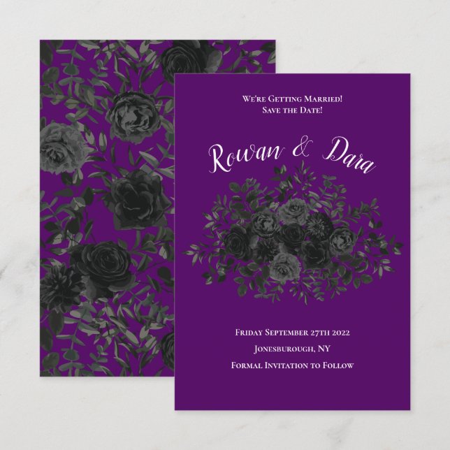Invitación Boda gótica morada y negra Rosa salva la fecha (Anverso / Reverso)