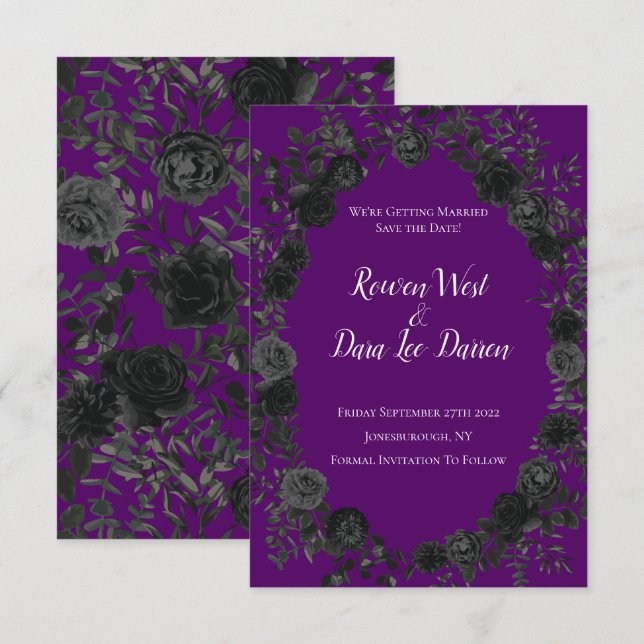 Invitación Boda gótica morada y negra Rosa salva la fecha (Anverso / Reverso)