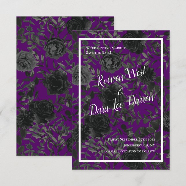 Invitación Boda gótica morada y negra Rosa salva la fecha (Anverso / Reverso)