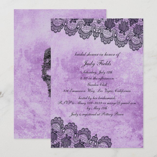 Invitación Boda gótica morado de encaje negro ducha de novia (Anverso / Reverso)