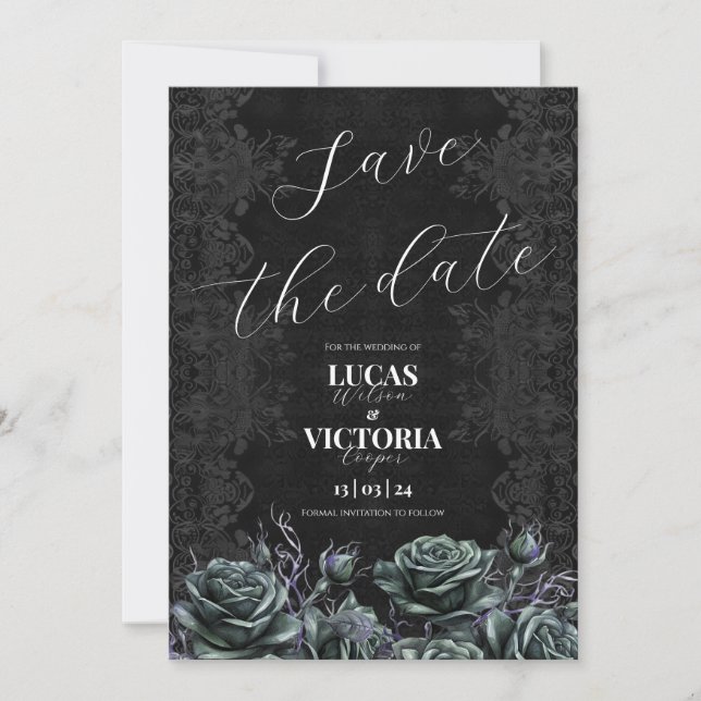 Invitación Boda gótica negra victoriana salva la fecha (Anverso)