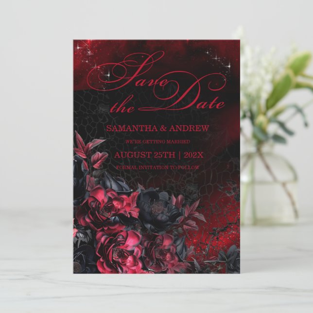 Invitación Boda gótica negra y roja salva la fecha (Anverso de pie)