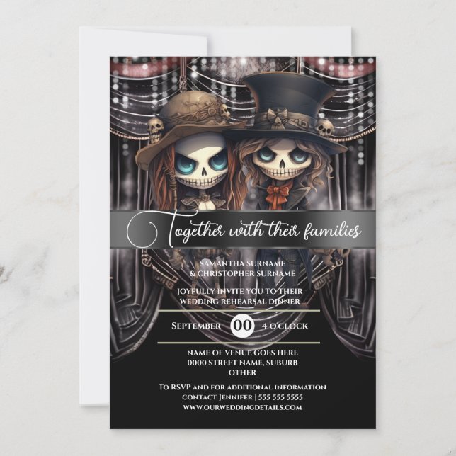 Invitación Boda gótica novio esqueleto pareja zombie ghoulish (Anverso)