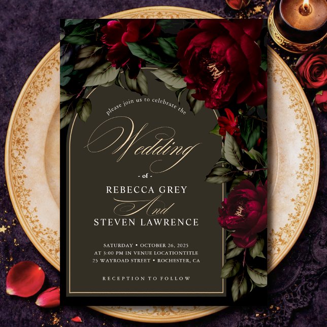 Invitación Boda gótica oscura chic con flores rojas y verdes  (Subido por el creador)
