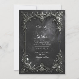 Invitación Boda gótica oscura floral metálica negra y platead