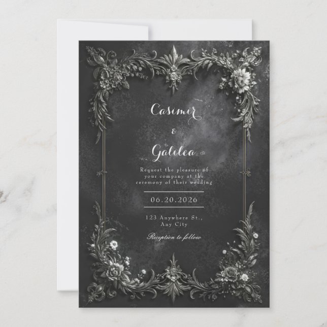 Invitación Boda gótica oscura floral metálica negra y platead (Anverso)