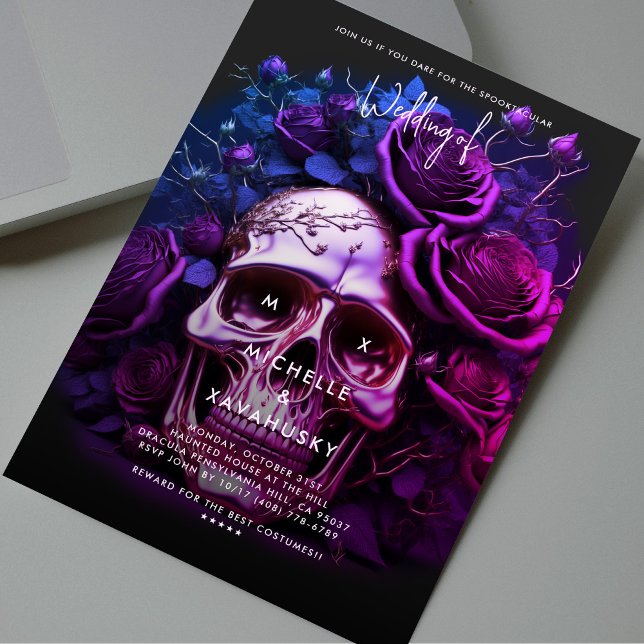 Invitación Boda gótica otoño Halloween Cráneo azul morado (Gothic Fall Wedding Halloween Purple Blue Skull Invitation
)