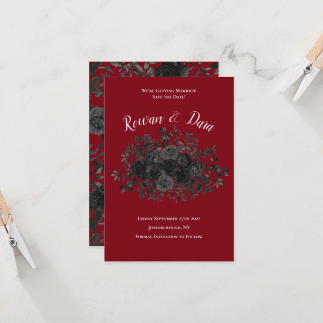 Invitación Boda gótica roja y negra Subió salva la fecha (Anverso/Reverso In Situ)