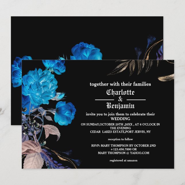 Invitación Boda Gótica Rosa Azul Oscuro y Dorado (Anverso / Reverso)