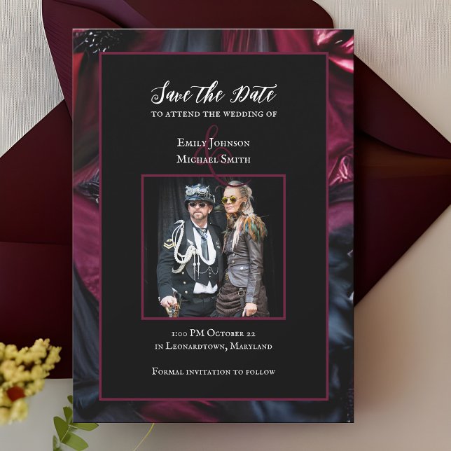 Invitación Boda gótica salva la fecha de Halloween rojo negro (Gothic wedding Save the Date Halloween themed announcement)