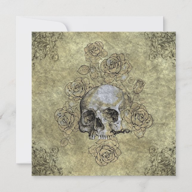 Invitación Boda Gótica Steampunk Calavera y Rosas (Anverso)