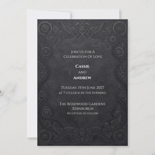 Invitación Boda Gótica Steampunk con Carbón (Anverso)