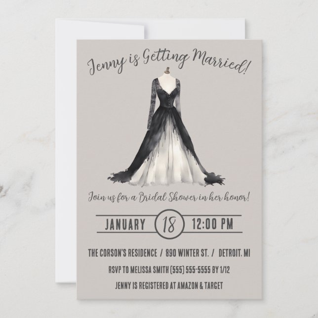 Invitación Boda gótica vestido con ducha de novia (Anverso)