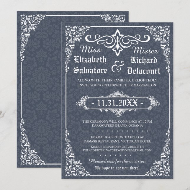 Invitación Boda gótica victoriana en Damask de la Marina invi (Anverso / Reverso)