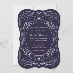 Invitación Boda gótica vintage de tarot de plata y púrpura