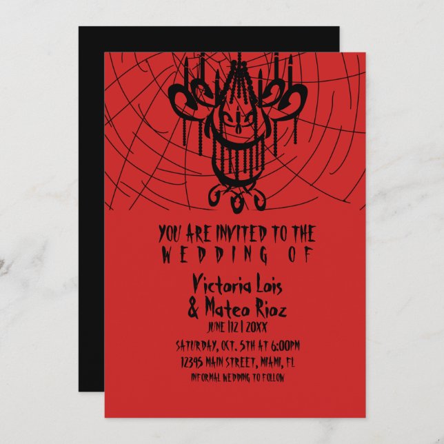 Invitación Boda gótico Chandelier Spider Red Black (Anverso / Reverso)