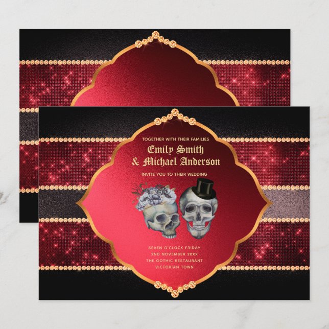 Invitación Boda gótico Cránulos dorados rojos profundos (Anverso / Reverso)