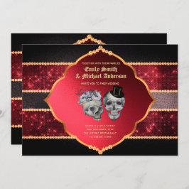 Invitación Boda gótico Cránulos dorados rojos profundos