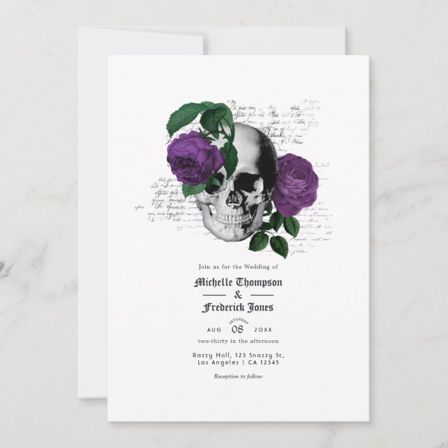 Invitación Boda gótico de cráneo morado floral (Anverso)