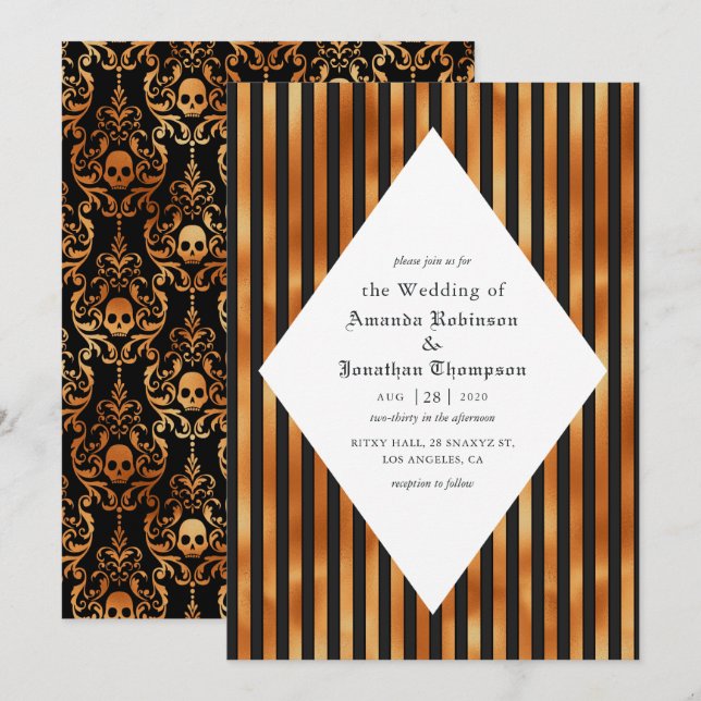 Invitación Boda gótico de cráneo negro y cobre (Anverso / Reverso)