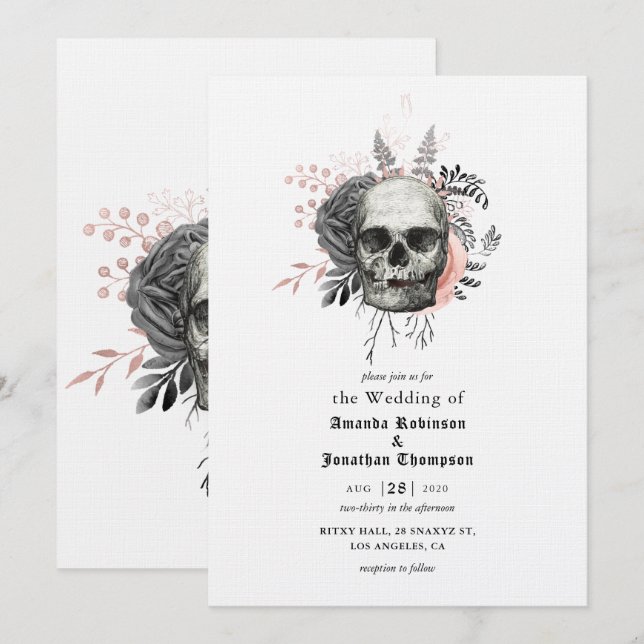 Invitación Boda gótico de Halloween con cráneo floral rosa (Anverso / Reverso)
