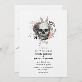 Invitación Boda gótico de Halloween con cráneo floral rosa