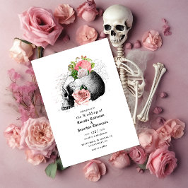 Invitación Boda gótico de Halloween con cráneo floral rosa