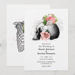 Invitación Boda gótico de Halloween con cráneo floral rosa
