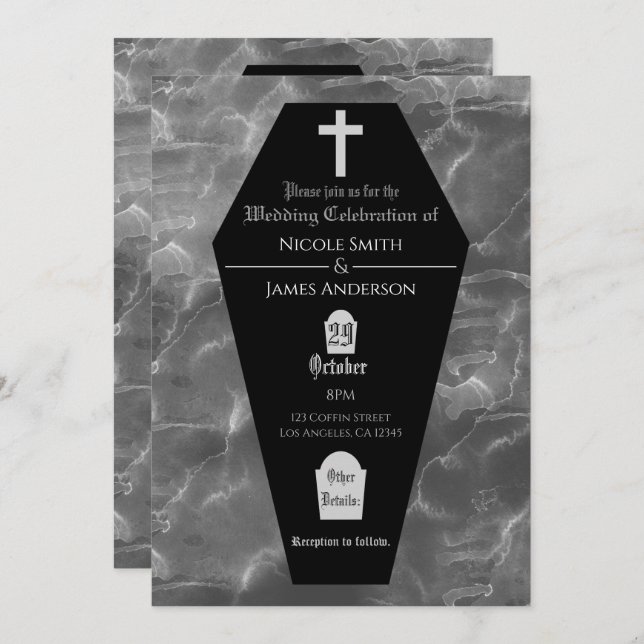 Invitación Boda Gótico de Halloween de Black Coffin Tombstone (Anverso / Reverso)