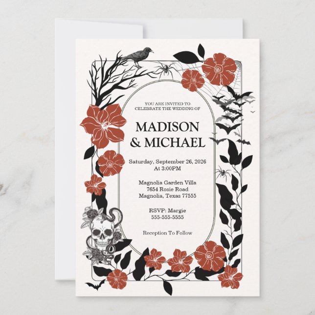 Invitación Boda Gótico De Halloween Negro Y Borgoña (Anverso)