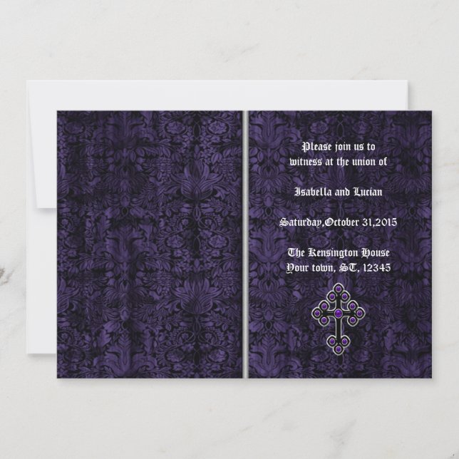 Invitación Boda gótico de la Cruz de Damasco morado oscuro (Anverso)