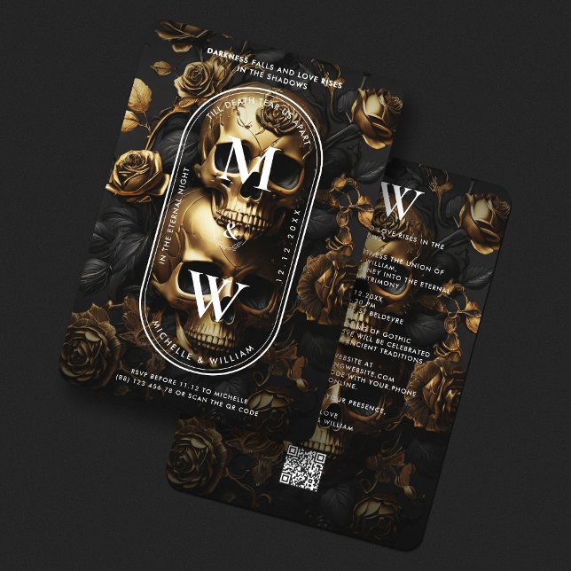 Invitación Boda gótico de lujo Rosas de cráneo de oro negro (Luxury Gothic Wedding Black Gold Skull Roses Invitation
)