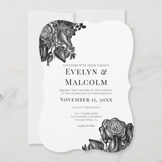 Invitación Boda gótico de rosas negras y blancas (Anverso)