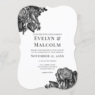 Invitación Boda gótico de rosas negras y blancas