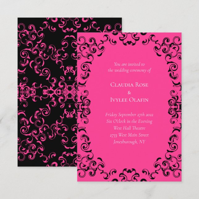 Invitación Boda gótico de Swirl Hot Pink and Black Swirl (Anverso / Reverso)